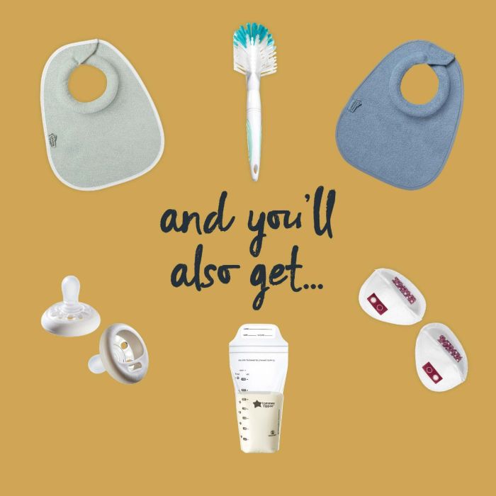 And you also get additional items pictured showing breast pads, milk storage bags, breast-like soothers, bibs and bottle brush.
