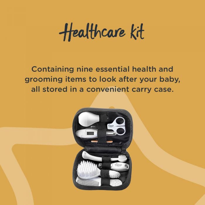 Healthcare kit with detail of the nine essential items included in the kit, safely stored in a neat carry kit.