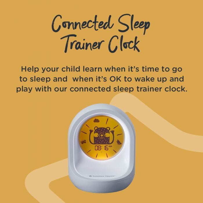 Image of Connected Sleep Trainer Clock with details around how it helps children learn sleep patterns