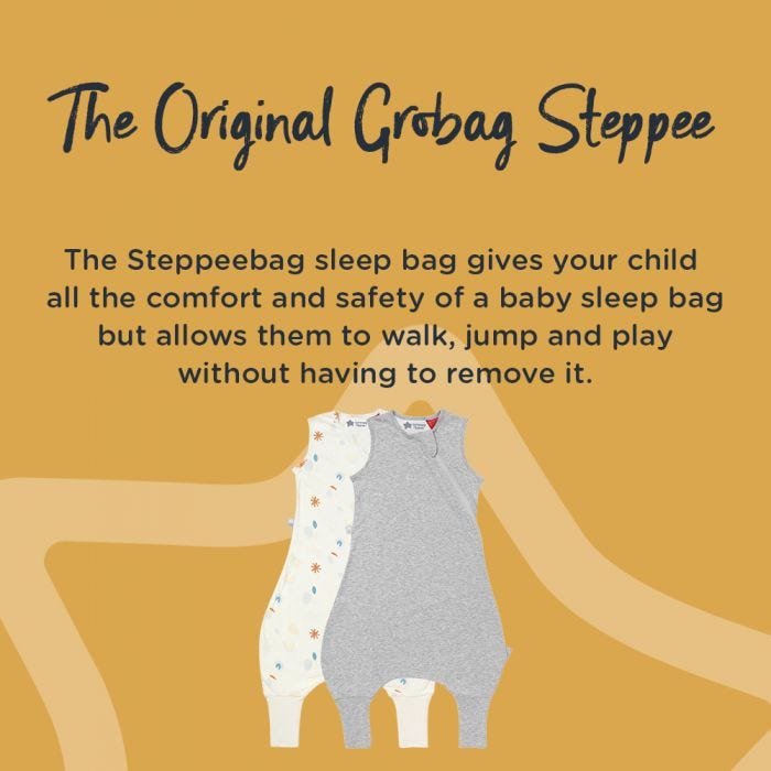 Steppeebag with detail around how it works like a sleep bag but allows them to stand, walk and play without removal.