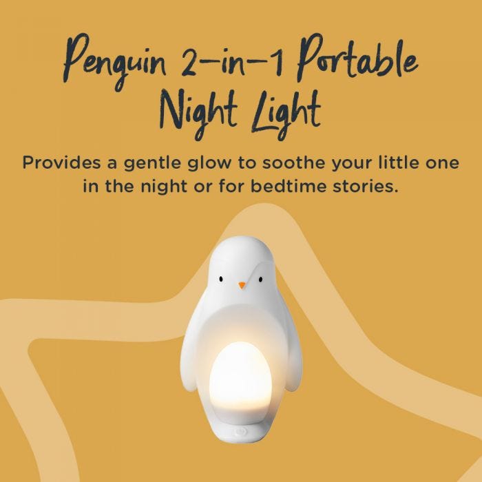 Image of penguin night light with details of the gentle glow, perfect for bedtime stories