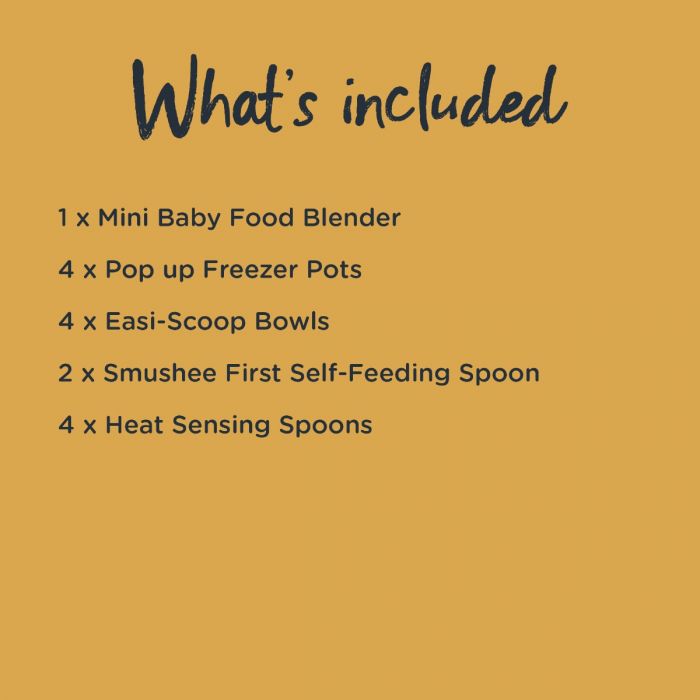 List of what is included in the complete bottle weaning bundle. Including quick cook baby food maker, spoons and bowls.
