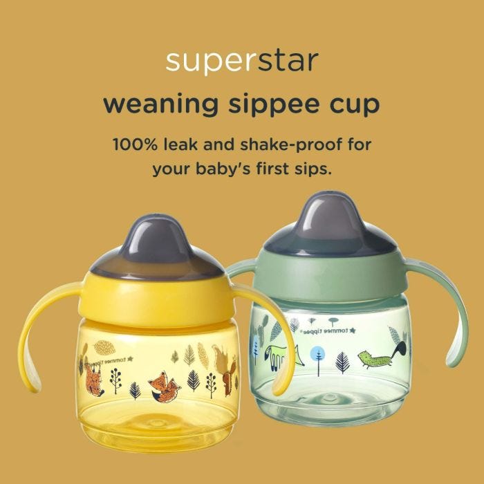 2 sippee cups shown in different styles explaining the leak and shake proof benefits and how they help to develop drinking skills.