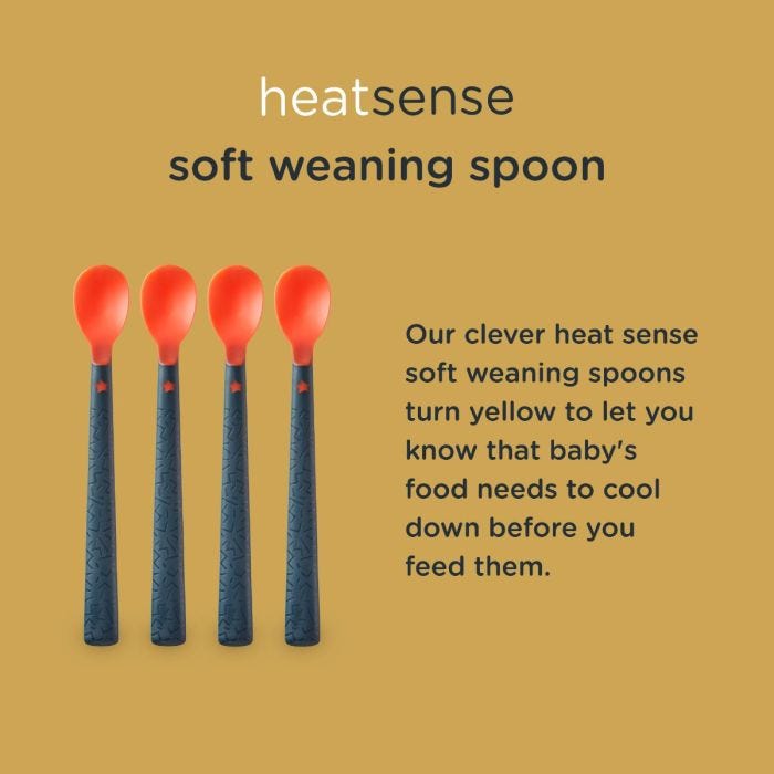 4 heat sensing spoons all in same colour with explanation of how the spoons change colour to show when food is too hot.