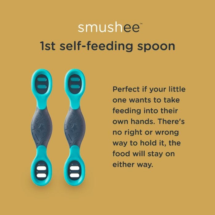 2 smushee self feeding spoons, with description explaining there’s no right or wrong way to hold and use.