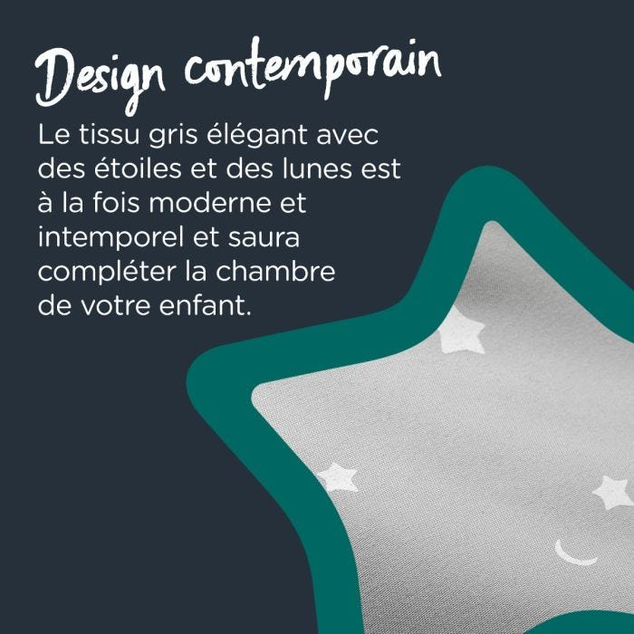Gros plan sur un tissu gris avec un motif étoiles et lune et un texte expliquant que le tissu est moderne et intemporel.