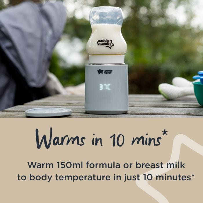 Upside down baby bottle placed on top of LetsGo bottle warmer at the park with text about how it warms in 10 mins