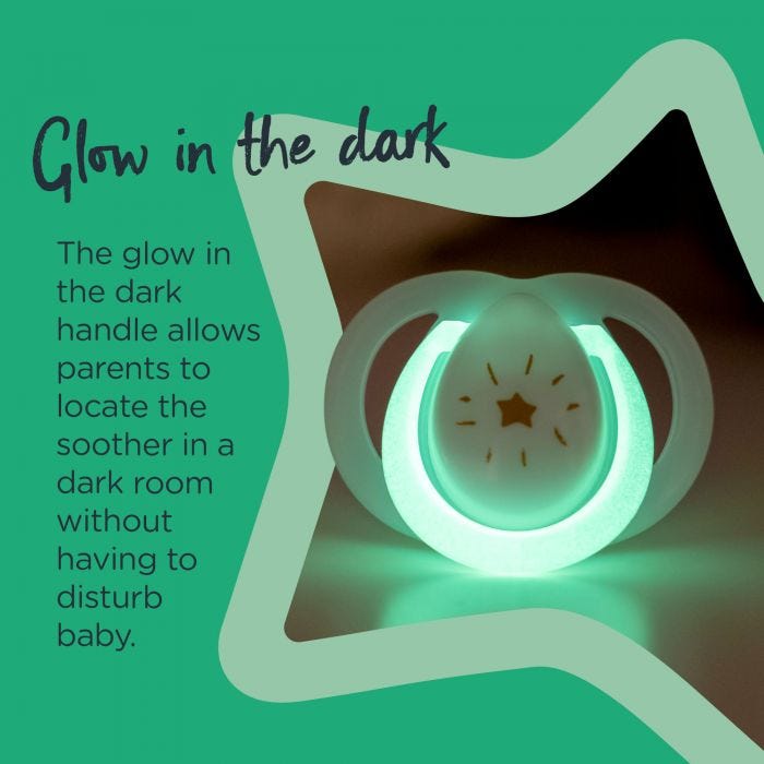 Night-Time pacifier glowing in the dark with text explaining the pacifier has a glow in the dark handle.