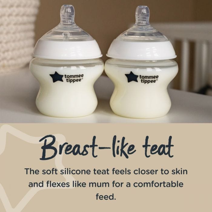 Close up of 2 150ml Closer to Nature baby bottles with text explaining the benefits of the breast-like teat.