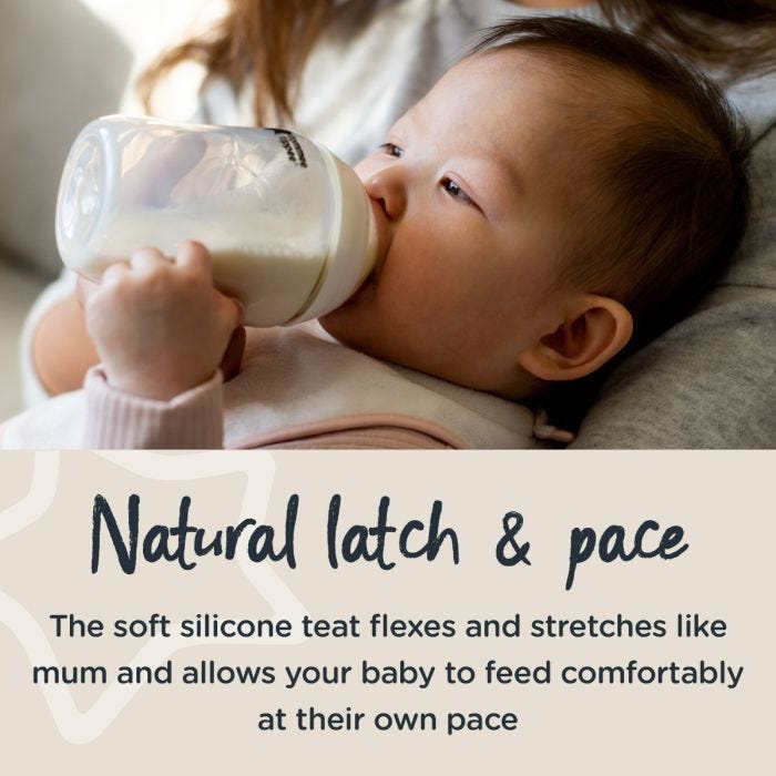 Close up of 2 150ml Closer to Nature baby bottles with text explaining the benefits of the breast-like teat.