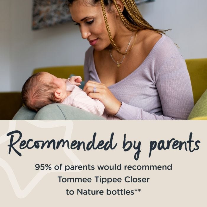 Mum holding baby on her lap with text about how our Closer to Nature bottles are recommended by parents