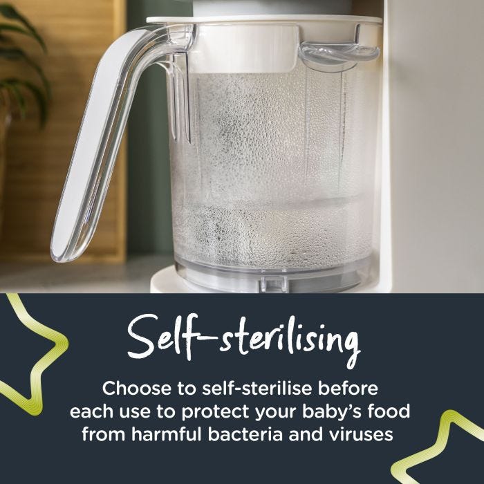 Close up of steamy quick cook jug with text about how it can self-sterilise