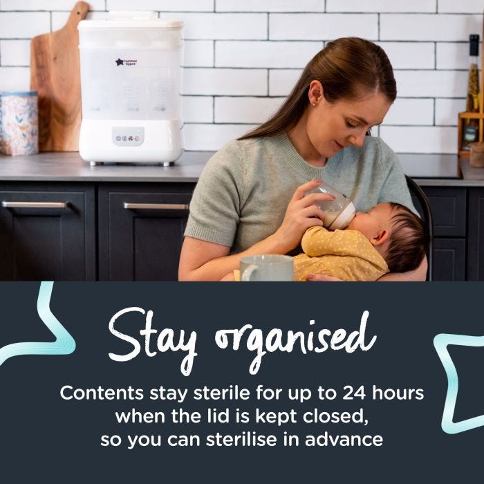 Woman feeding her baby in the kitchen with a Steridryer behind her and text about staying organised