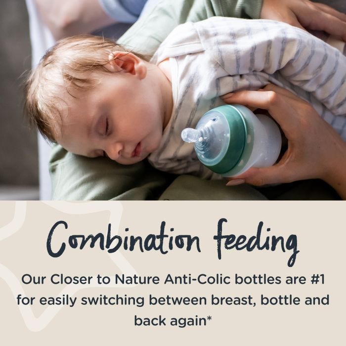 Baby sleeping in parent’s arms with text about combination feeding