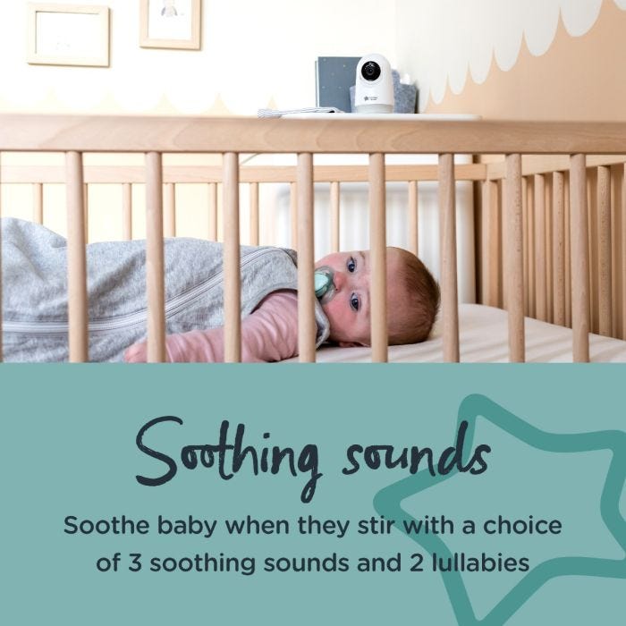Baby in cot with camera on side unit looking over and text stating that it plays soothing sounds.