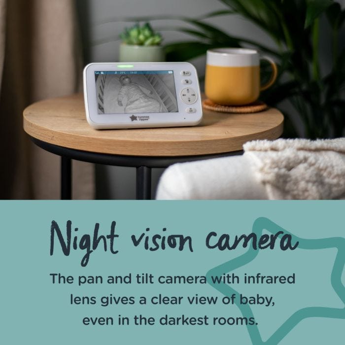 Parent unit on side table next to mug and plant with text explaining that it has a night vision camera.