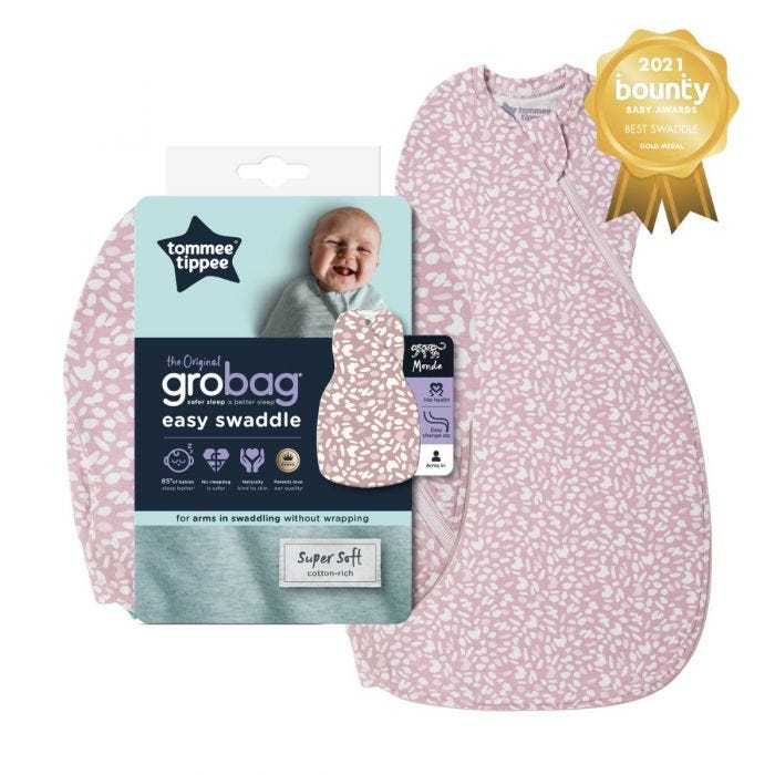 Icon of earth grape swaddle bag next to packaging on a white background with a rosette stating best baby swaddle 2021