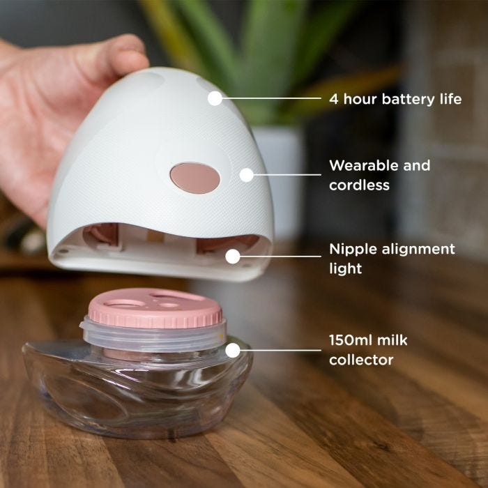 Single wearable breast pump with its packaging box against a white background