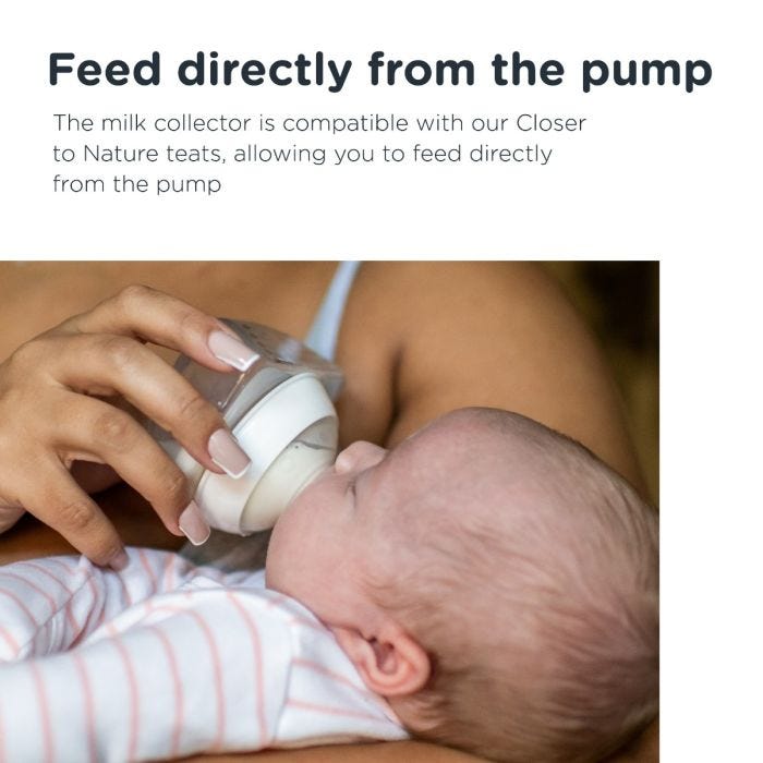 Mother holding baby and converted milk collector bottle with text about feeding directly from the pump