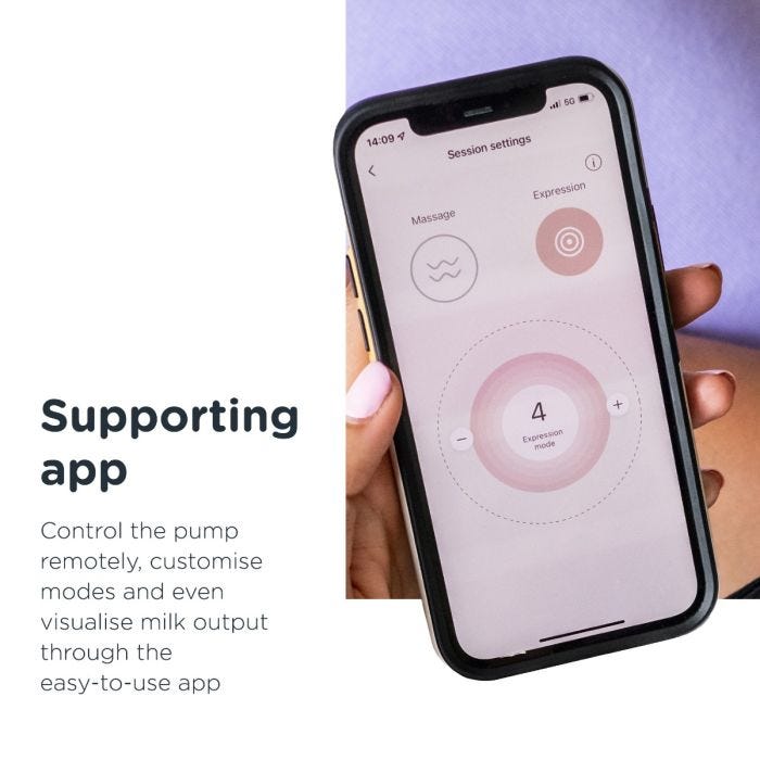 Mom pumping breastmilk while looking at her phone with text about gathering insights through the supporting app