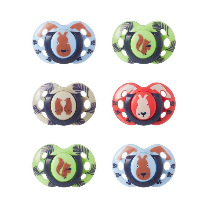 6 pack of Fun Style soothers in various colours and designs on a white background.