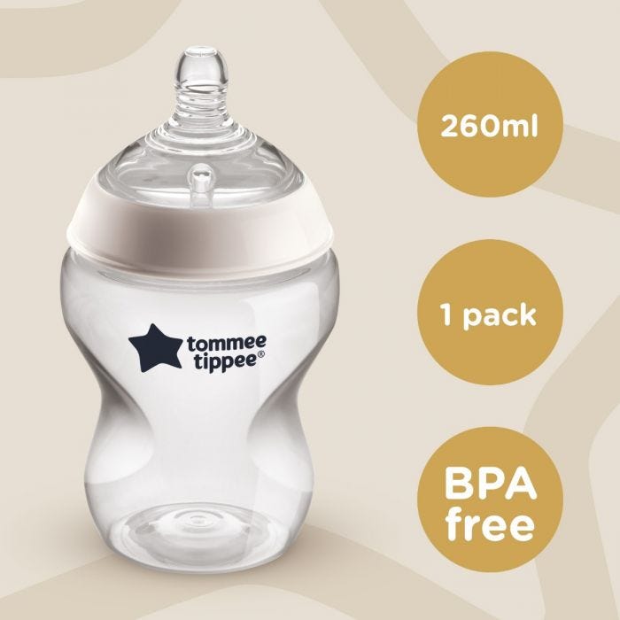 1x Closer to Nature baby bottle on beige background with roundels stating 340ml, 1 pack, BPA free.