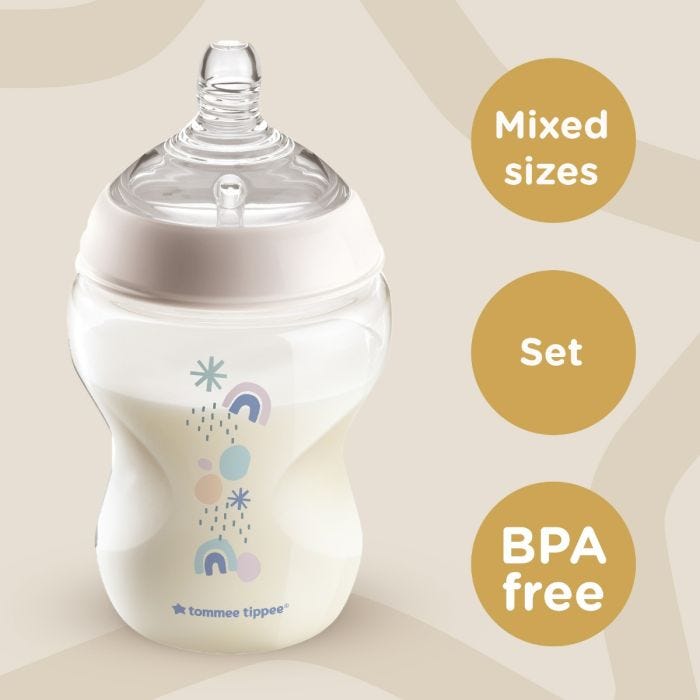 Closer to Nature bottle next to roundels stating mixed sizes, set, BPA free.