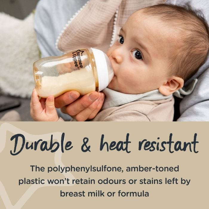 Baby sitting on mum’s knee about to drink from a PPSU baby bottle with stating the breast-like teat feels closer to skin.