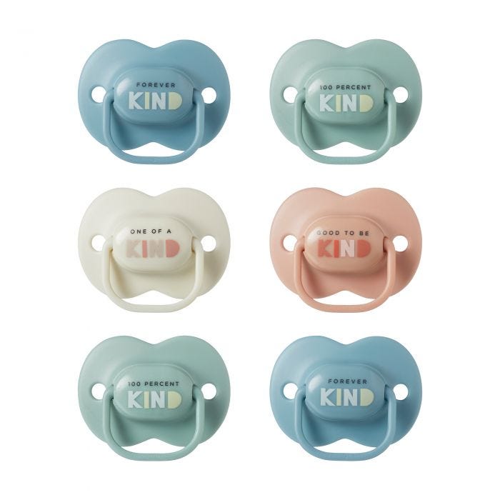 6 pack of Anytime soothers in various colours and designs on a white background.