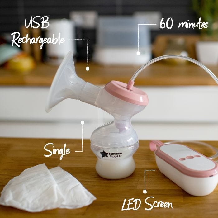 Single electric breast pump with power unit and breast pads with pointers of the pump’s key features