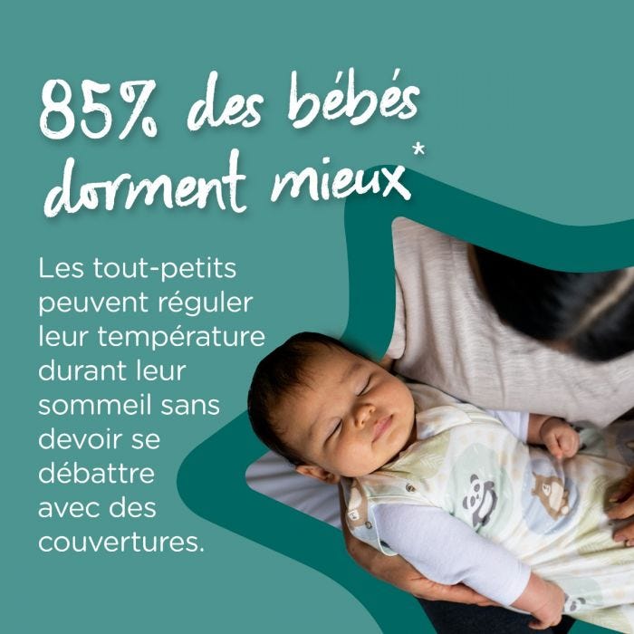 Bébé portant une gigoteuse d’emmaillotage et un texte indiquant que 85 % des bébés dorment mieux dans ces gigoteuses