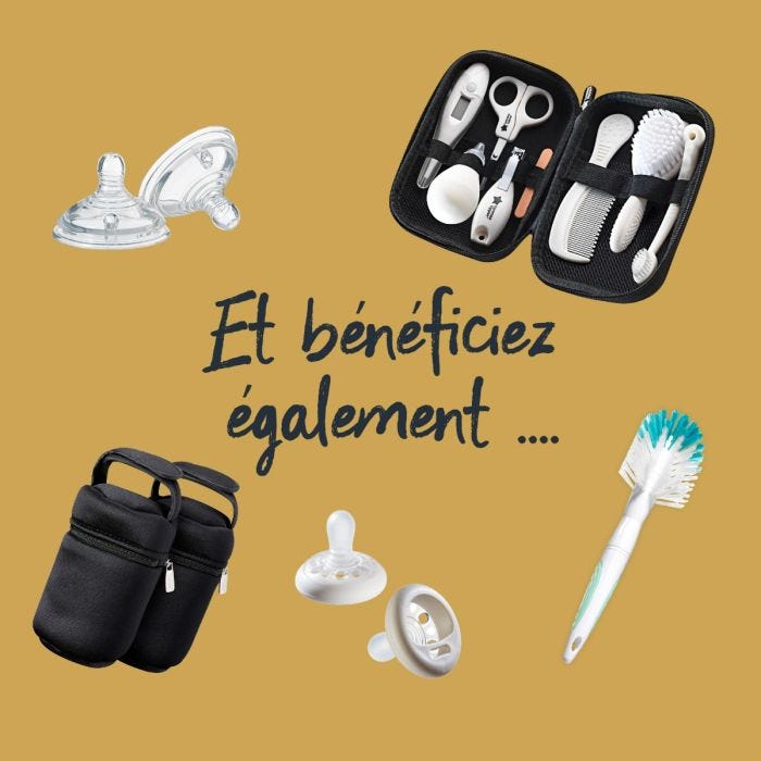 et vous obtenez également une image avec un kit de soins, un goupillon, des tétines, des sucettes et un sac à biberon isotherme.