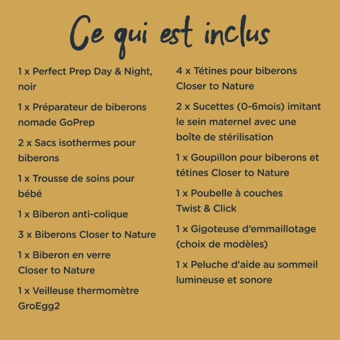 liste des produits inclus, y compris la machine de préparation parfaite, goprep, l&apos;aide au sommeil et plus encore
