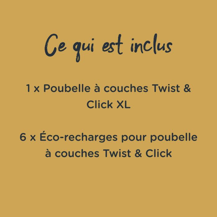 Le bloc jaune indique que la poubelle Tommee Tippee XL et 6 recharges éco sont incluses dans cet ensemble.