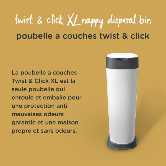 La poubelle Tommee Tippee XL sur fond jaune avec un texte indiquant qu&apos;elle peut contenir jusqu&apos;à 60 couches à la fois