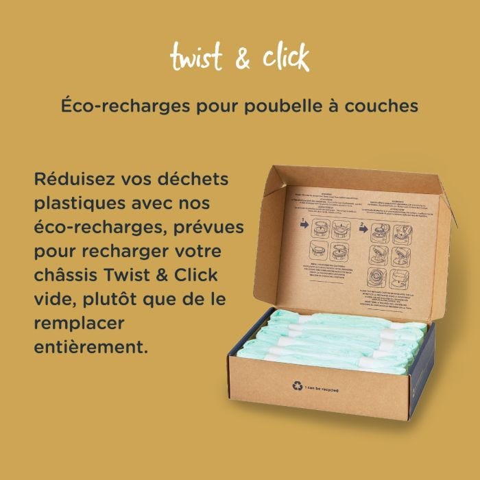 Les éco-recharges sur fond jaune avec un texte expliquant comment elles peuvent remplir votre châssis de recharge vide sans avoir à le remplacer entièrement