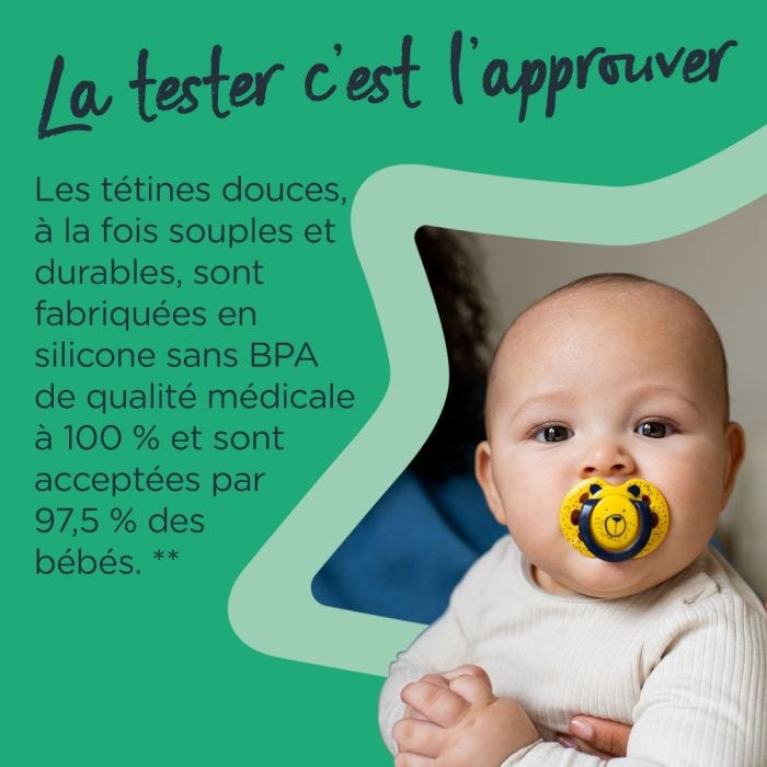 Sucette sur fond vert entourée d&apos;une étoile vert clair indiquant qu&apos;elle a une conception orthodontique symétrique.