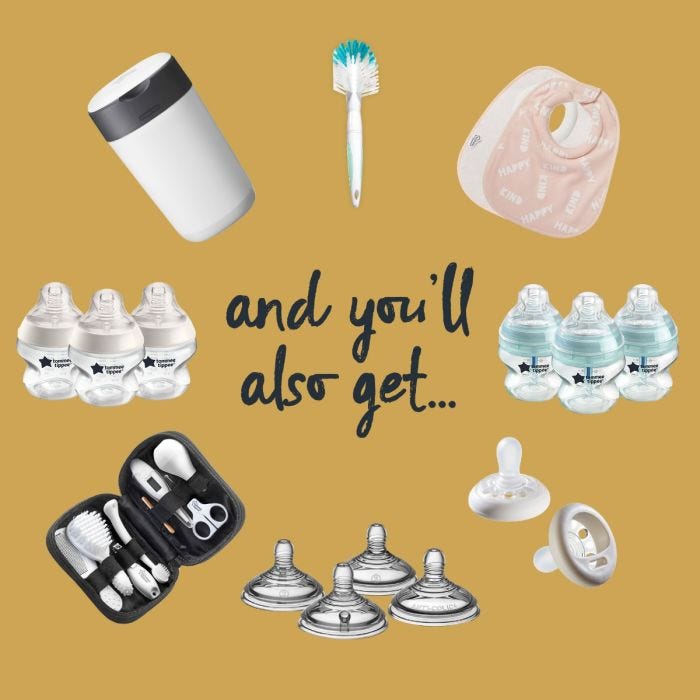What else is included list featuring nappy bin, baby bottles, teats, healthcare kit, bibs, brush and soothers.