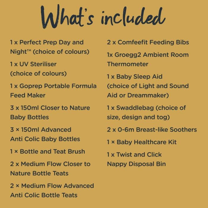 List of what is included in the ultimate get baby ready bundle, including steriliser, perfect prep machine, baby monitor and other accessories.