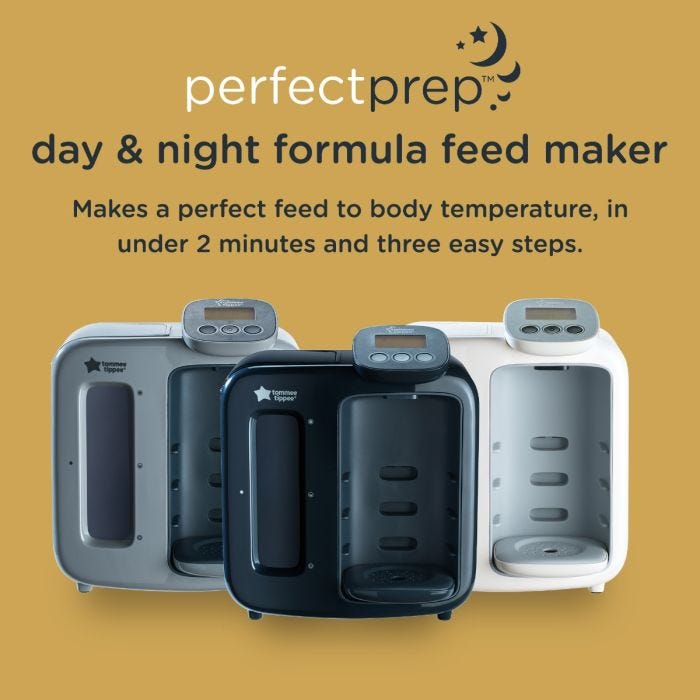 Perfect prep machine with description of how it makes a perfect feed to body temperature in 2 minutes. Choice of colours. 