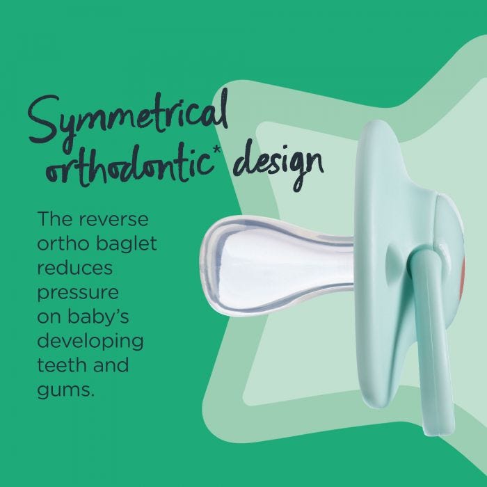 Side view of an Anytime soother on a green background with text describing the benefits of the symmetrical orthodontic design.