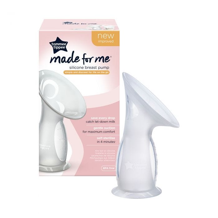 Silicone breast pump and its packaging box against a white background