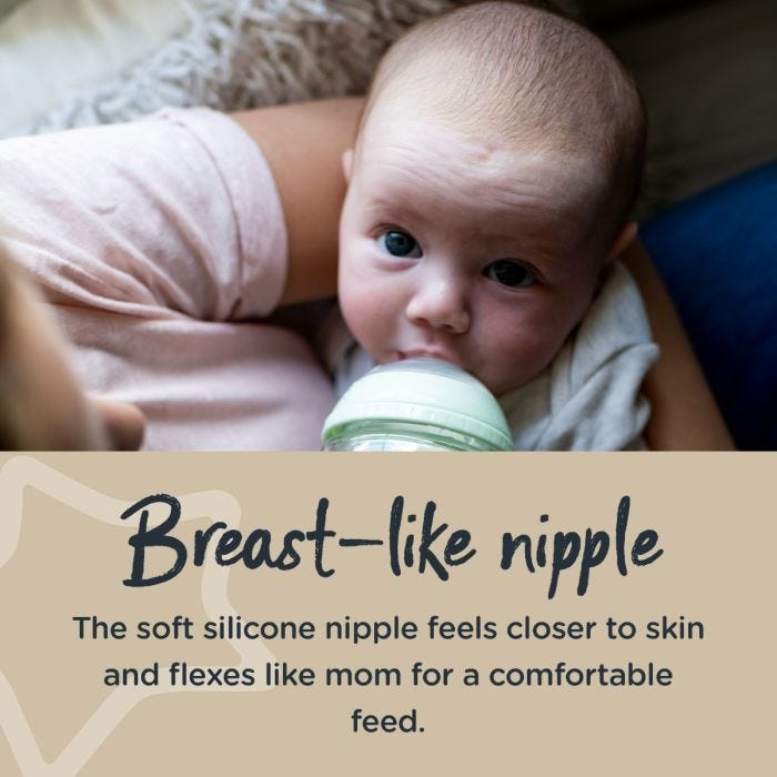 Baby drinking from glass baby bottle with text explaining how the breast-like nipple feels closer to skin and flexes like mom.