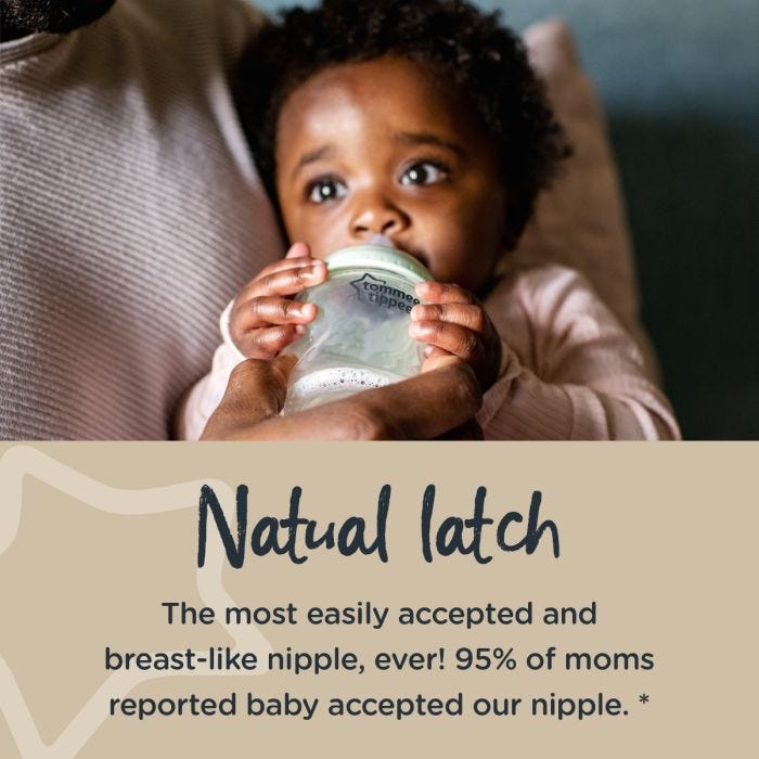 Baby drinking from glass baby bottle with text stating 95% of moms reported baby accepted this breast-like nipple.
