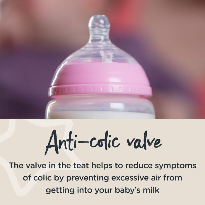Close up of glass baby bottle teat with text about the anti-colic valve