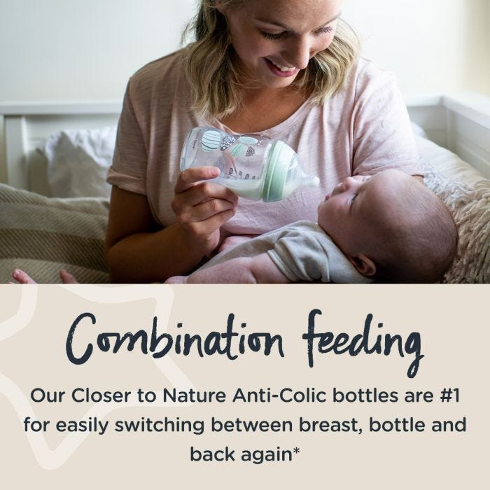 Mum feeding baby from glass baby bottle with text about combination feeding