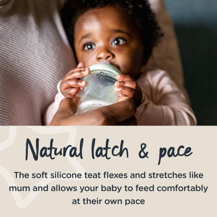 Baby drinking from glass bottle with text about a natural latch and pace