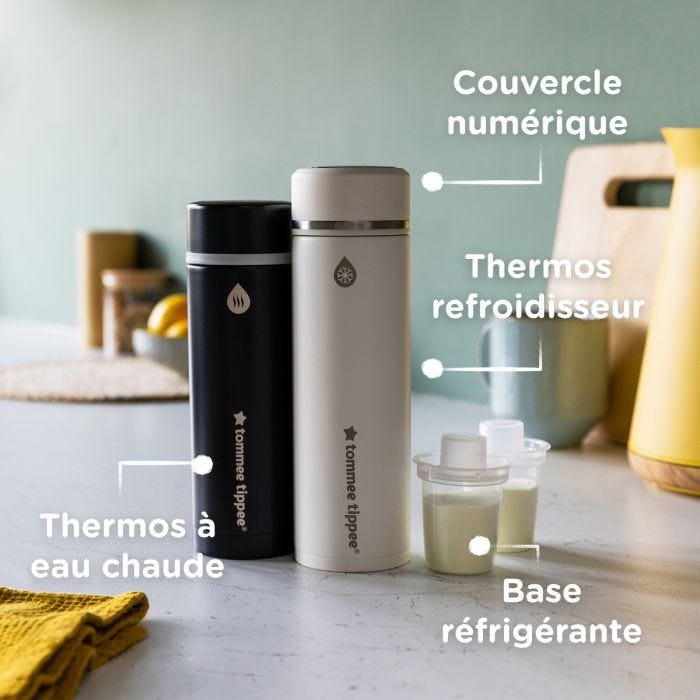 Thermos à eau chaude et refroidisseur sur comptoir avec flèches pointant la base réfrigérante et le couvercle numérique