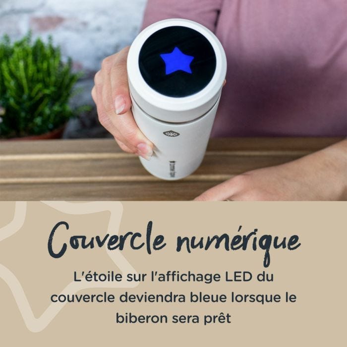 Zoom sur une étoile bleue sur le couvercle numérique avec un texte expliquant quand le biberon de bébé sera prêt