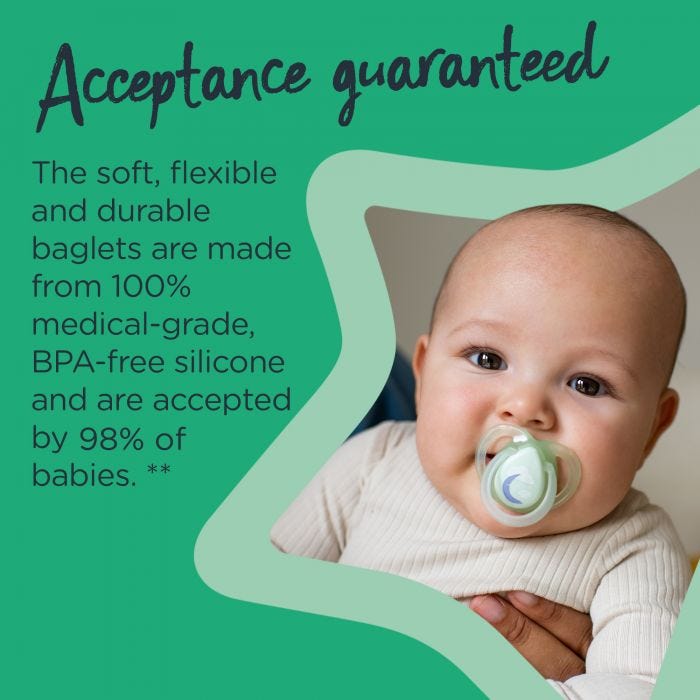 Baby with Night-Time pacifier in their mouth with text stating these pacifiers are accepted by 98% of babies.